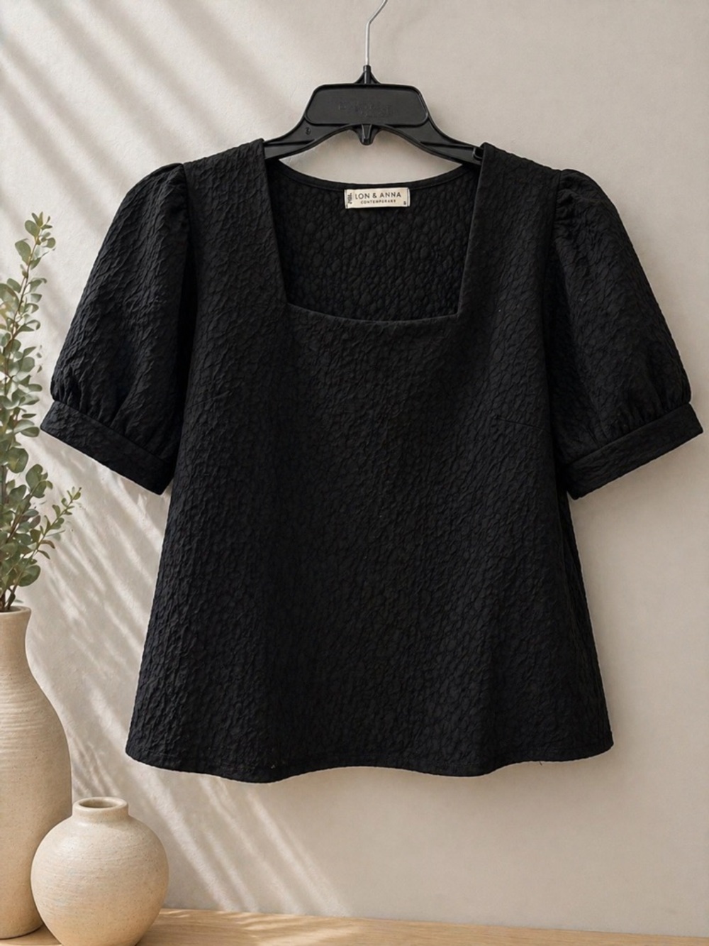 Black Textured Square-Neck Puff Sleeve Top